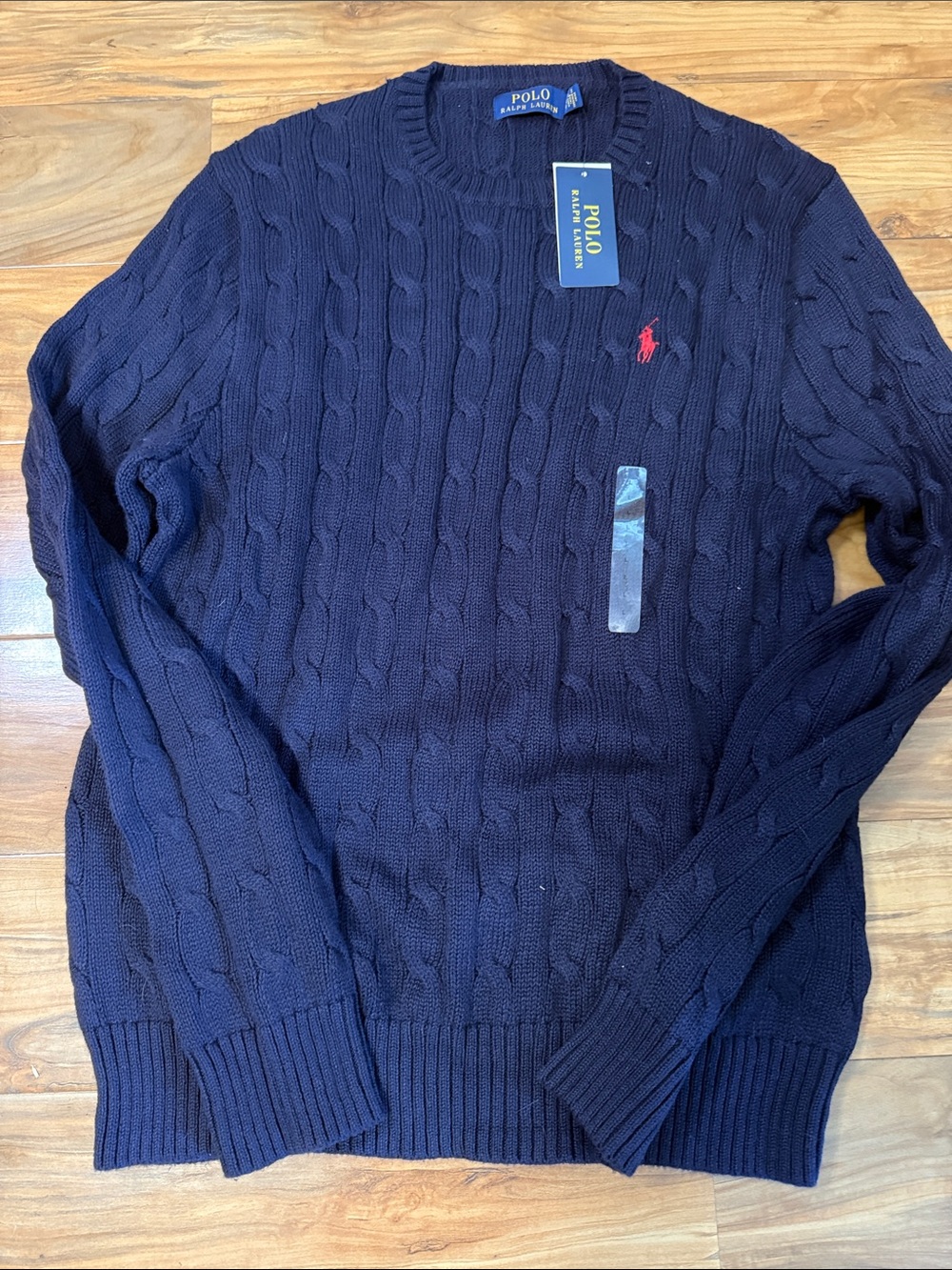 Ralph Lauren Navy Cable Knit Crewneck Sweater with Red Pony